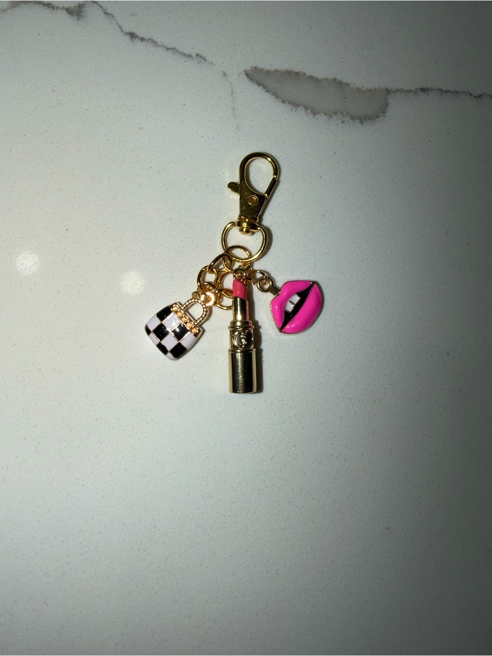 Gold Pink Lipstick Charm Keychain with Checker Purse Charm